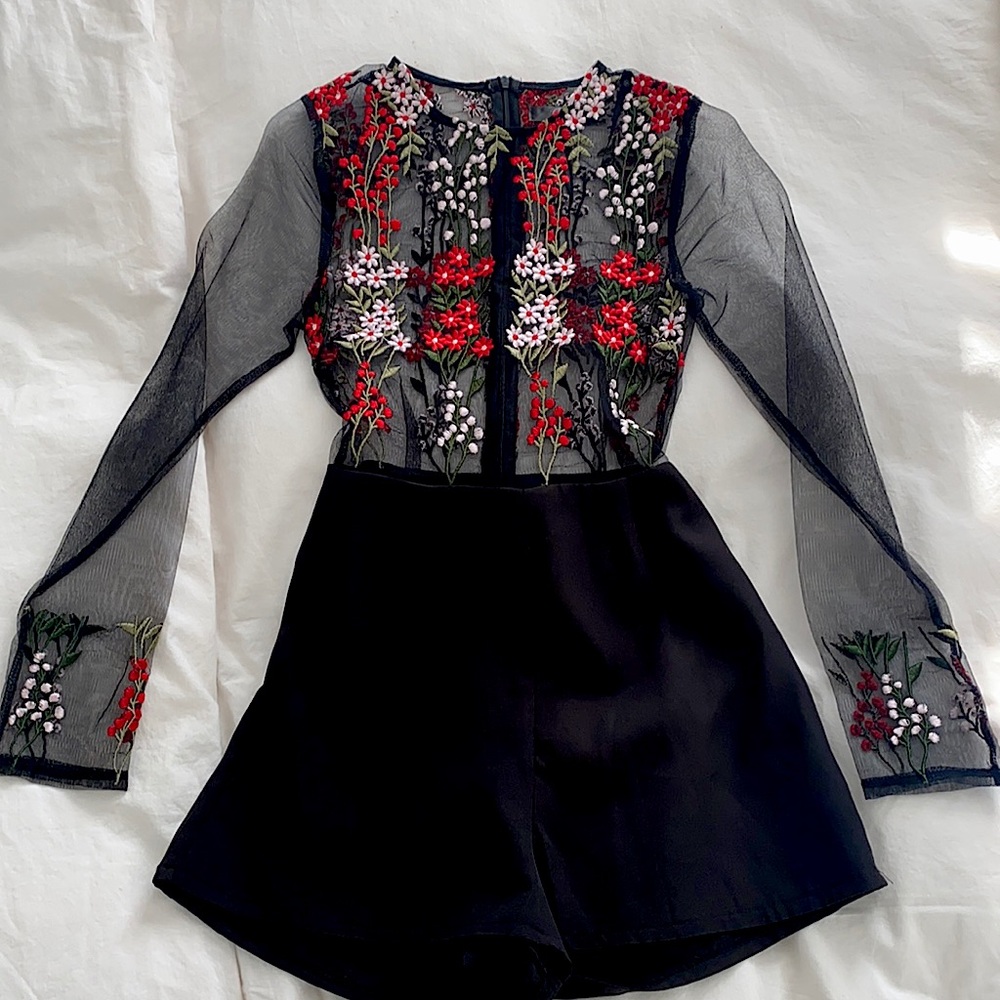 Misguided Sheer romper with embroidery